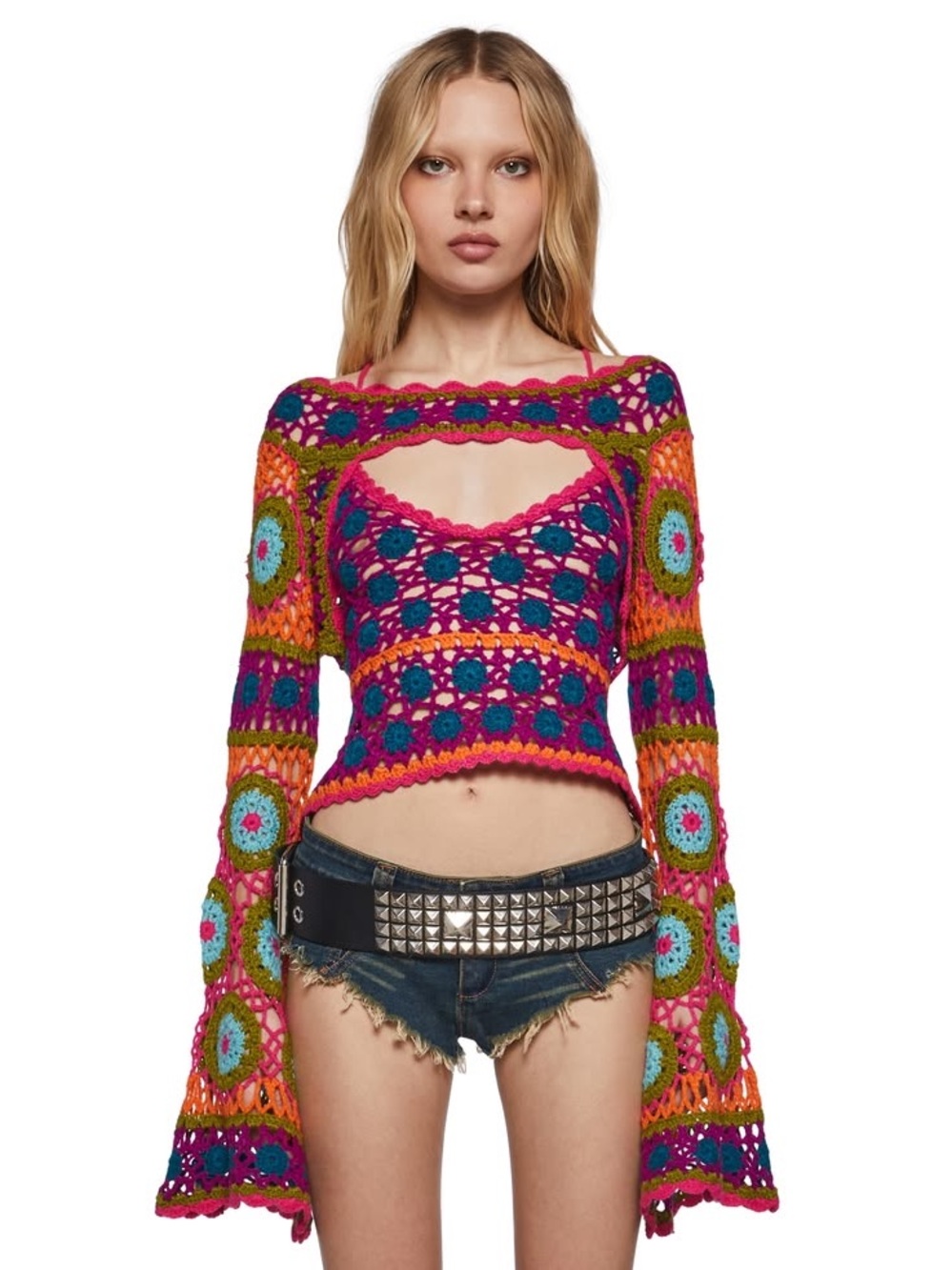 Clubexx Psychedelic Crochet Rainbow Bell Sleeve Women's Shrug Festival Top